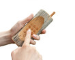 Wooden mobile phone in hands isolated