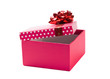 Open pink gift with red ribbon
