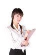 beautiful girl -  secretary with claret tablet in hands.