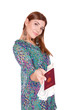 Excited traveler with her passport
