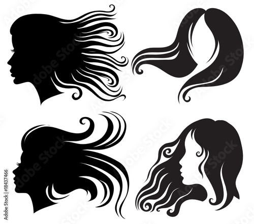 Big set of black silhouettes of woman with long blowing hair Big set of black silhouettes of woman with long blowing hair