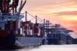 container ships in harbor sunset container ships in harbor sunset