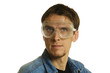 man with goggles on white background