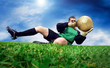 Jump of football goalman on the outdoor field