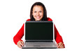Woman smiling with laptop isolated on white background