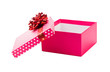 Open pink gift with red ribbon