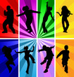 Vector silhouettes of jumping and dancing kids in retro style.