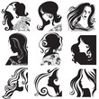 Vector set of closeup silhouette portrait of beautiful woman