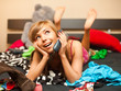 blond in bed with telephone