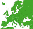 Green Europe map with countries and capital cities