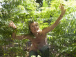 Woman crouching among plants in forest and looking up