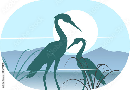 Illustration: Illustration of silhouettes of two cranes on sunlight Illustration of silhouettes of two cranes on sunlight