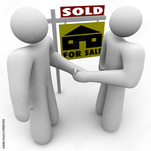 Illustration: Buyer and Seller Handshake - For Sale Sign Buyer and Seller Handshake - For Sale Sign