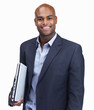 Foto: Happy business man holding laptop on white Happy business man holding laptop on white