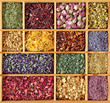 Assortment of dried tea in wooden box