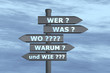 Illustration: Verkehrsschild: Wer, was, wo, warum und wie? Verkehrsschild: Wer, was, wo, warum und wie?
