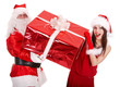 Santa claus and christmas girl with big gift box. Isolated.