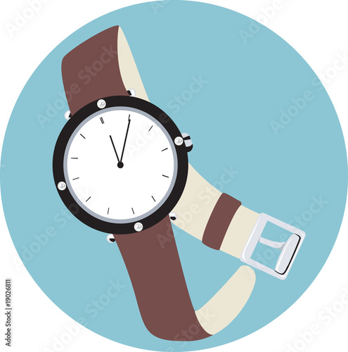 Illustration: Illustration of white dial wrist watch with leather strap Illustration of white dial wrist watch with leather strap
