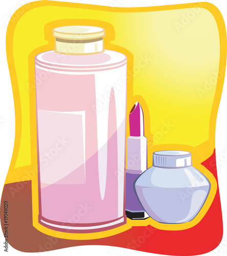 Illustration: Illustration of cosmetic items in yellow background Illustration of cosmetic items in yellow background