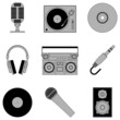Set of 9 grey music icons, isolated on white background.