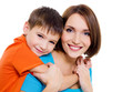 appy cheerful mother with little son