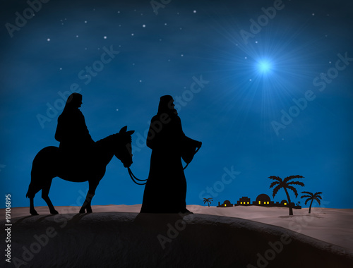 Illustration: Bethlehem Christmas. Star in night sky above Mary and Joseph Bethlehem Christmas. Star in night sky above Mary and Joseph