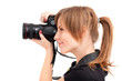 Pretty woman making photograph. Side view