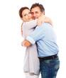 Portrait of charming couple hugging eachother over white backgro