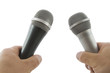 Hand with wireless microphone isolated on white background