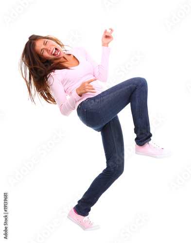 Excited air guitar woman