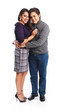 Full body picture of hispanic couple hugging isolated