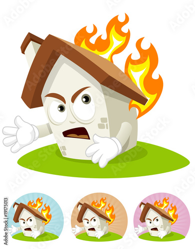 cartoon houses on fire. House Cartoon Mascot - on fire