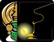 Illustration of Kathakali face and ignited lamp