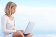 Cute female shopping online , blue sky as the background