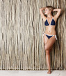 Pretty young female in bikini against a bamboo wall