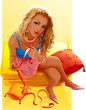 glamourous blonde woman sitting on the padded stool
