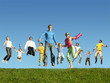 Many jumping families on the grass, collage