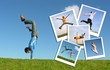 Jumping man in grass and photographs of the people, collage