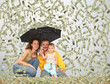 family wih little girl with umbrella under dollar rain collage
