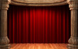 red velvet curtains behind the old wood columns