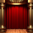 red velvet curtains behind the gold columns