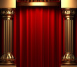 red velvet curtains behind the gold columns