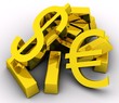 Gold bars and golden dollar & euro sign on white background. Gold bars and golden dollar & euro sign on white background.