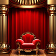 red velvet curtains, gold columns and chair