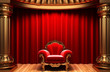 red velvet curtains, gold columns and chair