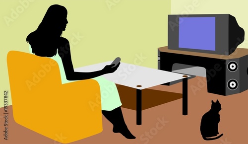 Illustration: Illustration of silhouette of a lady watching TV Illustration of silhouette of a lady watching TV