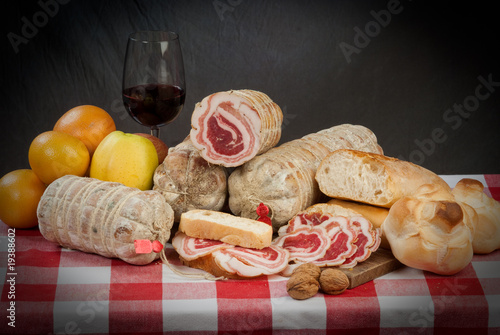 tipe of salted pork meat salame bacon mortadella sausages.