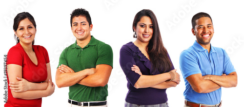 Photo: Smiling Small Group of Four in Different Color Shirts Smiling Small Group of Four in Different Color Shirts