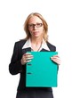 Young businesswoman, holding green folder with documents