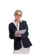 Goodlooking businesswoman with documents. Isolated on white